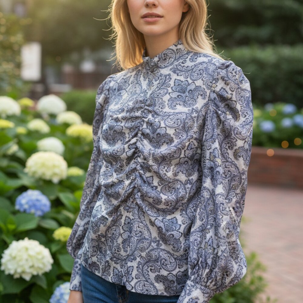 Bliss Ruched‎ Mesh Turtleneck Blouse Small
